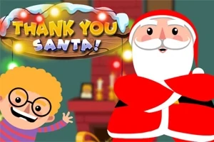 Kırmızı beyaz giysileriyle Noel Baba ve gözlüklü, kıvırcık saçlı bir çocuk; arka planda Thank You Santa yazılı tabela ve yılbaşı ışıkları