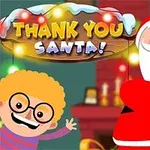 Kırmızı beyaz giysileriyle Noel Baba ve gözlüklü, kıvırcık saçlı bir çocuk; arka planda Thank You Santa yazılı tabela ve yılbaşı ışıkları