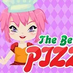 Pembe saçlı bir çizgi karakter şapka takıyor ve yanında The Best Pizza yazısı ile bir pizza dilimi bulunuyor