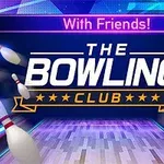 The Bowling Club yazılı bir afiş üzerinde uçuşan bowling lobutları ve renkli ışıklar