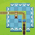 Mavi ve yeşil arka plan üzerinde, kare şekilli mavi bir alanda tren rayları, iki turuncu tren ve iki mavi tren arabası bulunan çizim