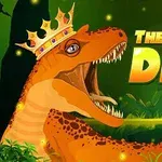 Taç giymiş bir dinozor, açık ağzı ve etrafında yeşil bitkilerle çevrili