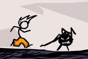 The Fancy Pants Adventure: World 1 Çizgi film tarzında bir figür, siyah bir yaratıkla karşı karşıya duruyor