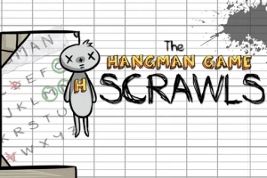 Çizgili bir defter sayfası üzerinde asılı bir figür ve büyük harflerle yazılmış The Hangman Game Scrawls metni