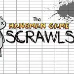 Çizgili bir defter sayfası üzerinde asılı bir figür ve büyük harflerle yazılmış The Hangman Game Scrawls metni