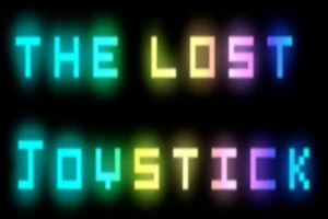 Renkli neon harflerle The Lost Joystick yazısı olan karanlık bir arka plan