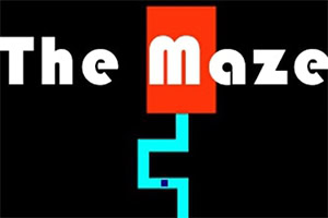 The Maze Game Siyah arka planda, beyaz The Maze yazısı ve kırmızı bir dikdörtgenden mavi bir yolun çıktığı bir görüntü
