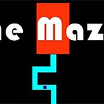 The Maze Game Siyah arka planda, beyaz The Maze yazısı ve kırmızı bir dikdörtgenden mavi bir yolun çıktığı bir görüntü