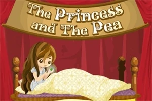 Kırmızı perdeli bir sahnede, yatakta uzanan uzun saçlı bir kız, elinde bir bezelye tutuyor; üstte The Princess and The Pea yazısı bulunuyor