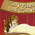Kırmızı perdeli bir sahnede, yatakta uzanan uzun saçlı bir kız, elinde bir bezelye tutuyor; üstte The Princess and The Pea yazısı bulunuyor