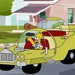 Yeşil ve egzotik bir arabayı kullanan sarı tenli bir çizgi film karakteri
