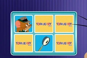 The Tom and Jerry Show: Memory Mischief Mavi çerçeveli bir kart dizisi; kartların biri dedektif şapkalı bir fare, diğeri büyüteç resmi, diğer üçü Tom and Jerry Show yazılı