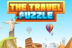 Büyük bir başlıkla The Travel Puzzle yazısı, arka planda Kurtarıcı İsa heykeli, Kolezyum, sıcak hava balonları ve şehir silueti