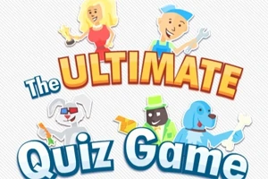 Renkli çizgi karakterler ve büyük puntolarla yazılmış The Ultimate Quiz Game metni