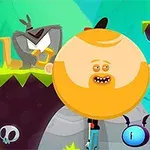 Renkli ve çizgi film tarzı bir ormanda dev kafalı bir karakter, yanında zıplayan mavi gözlü yaratık ile yer almakta
