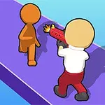 Turuncu bir figüre karşı su tabancası tutan beyaz gömlekli ve kırmızı pantolonlu bir figür, mor bir platformda duruyor