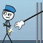Mavi üniformalı bir çöp adam, arka planda demir parmaklıkların olduğu bir alanda yürürken, çizgi film tarzı bir el anahtarı alıyor