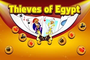 Thieves of Egypt yazısıyla beraber kart destesi ve etrafta altın madeni paralar
