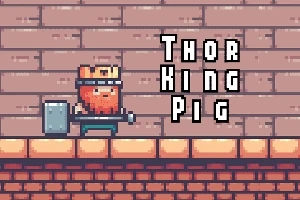 Kırmızı sakallı bir karakter duvar zemininde yürürken, elinde büyük bir çekiç tutuyor ve arka planda “Thor King Pig” yazısı bulunuyor