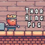 Kırmızı sakallı bir karakter duvar zemininde yürürken, elinde büyük bir çekiç tutuyor ve arka planda “Thor King Pig” yazısı bulunuyor