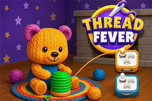 Mor kulaklıklı örgü oyuncak ayı, renkli ip yumakları ve Thread Fever yazılı tabela