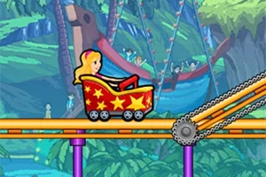 Kırmızı ve sarı yıldız desenli roller coaster aracı içinde bir karakter, tropikal orman arka planında raylar üzerinde ilerliyor