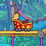 Kırmızı ve sarı yıldız desenli roller coaster aracı içinde bir karakter, tropikal orman arka planında raylar üzerinde ilerliyor