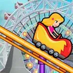 Sarı saçlı bir çizgi karakter, arka planda dönme dolap olan bir lunaparkta kırmızı-sarı renkteki bir hız trenine biniyor