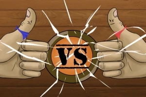 Karşılıklı iki başparmak, ortaya yerleştirilmiş bir VS logosu ile rakip olarak gösteriliyor