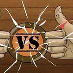 Karşılıklı iki başparmak, ortaya yerleştirilmiş bir VS logosu ile rakip olarak gösteriliyor