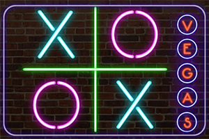 Neon ışıklarla tasarlanmış bir oyun tahtası, arka planda tuğla bir duvar ve yan tarafta VEGAS harfleri