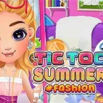 Uzun sarı saçlı bir kızın ve Tic Toc Summer #Fashion yazısının bulunduğu renkli ve eğlenceli bir grafik