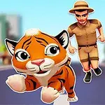 Sevimli bir kaplan kaçarken onu takip eden şapkalı ve üniformalı bir adam