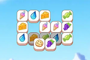 Mavi gökyüzü arka planında, kare taşlar üzerinde dondurma külahı, su damlası, peynir dilimi, üzüm salkımı, kurabiye ve yeşil şekerleme simgelerinden oluşan bir eşleştirme bulmacası