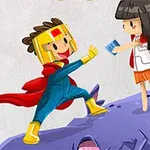 Kostümlü küçük bir çocuk, başka bir çocuğa mavi bir kart uzatıyor; iki çocuk mor bir kayanın üzerinde duruyor