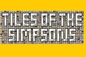 Büyük beyaz harflerle TILES OF THE SIMPSONS yazısı ve arkadaki küçük karikatür kareleri, sarı bir arka plan üzerinde