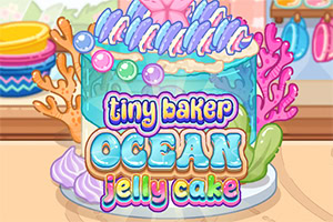 Renkli deniz temalı jöle pasta, mercanlar, deniz kabukları ve tiny baker ocean jelly cake yazısıyla süslenmiş