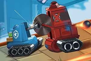 Mavi ve kırmızı renkli tanklar bir savaşta karşı karşıya gelmiş, mavi tankın topu kırmızı tankın testeresine çarpmış durumda