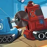 Mavi ve kırmızı renkli tanklar bir savaşta karşı karşıya gelmiş, mavi tankın topu kırmızı tankın testeresine çarpmış durumda