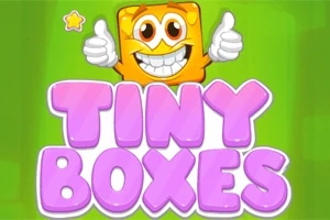 Kare şeklinde, gülen suratlı, turuncu bir karakterin üzerinde Tiny Boxes yazılı mor renkte bir başlık