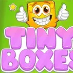Kare şeklinde, gülen suratlı, turuncu bir karakterin üzerinde Tiny Boxes yazılı mor renkte bir başlık