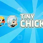 Açık mavi arka plan üzerinde Tiny Chick yazısı ve yanlarda üç çizgi karakter