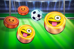 Yeşil bir sahada, bir futbol kalesi önünde futbol topu ve farklı ifadeler taşıyan emoji şeklinde diskler