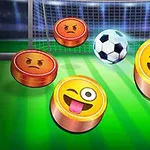 Yeşil bir sahada, bir futbol kalesi önünde futbol topu ve farklı ifadeler taşıyan emoji şeklinde diskler
