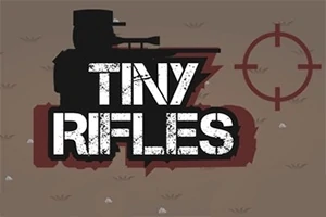 Gri bir arka plan üzerinde Tiny Rifles yazısı, sol tarafta bir asker silueti ve sağda bir hedef işareti bulunuyor