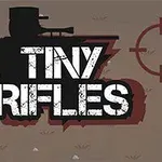 Gri bir arka plan üzerinde Tiny Rifles yazısı, sol tarafta bir asker silueti ve sağda bir hedef işareti bulunuyor