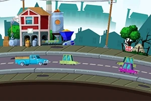 Animasyon tarzında binaların ve üzerine arabaların yer aldığı kıvrımlı bir yol