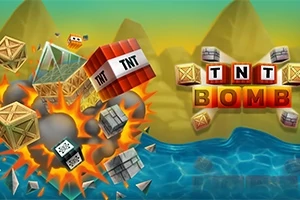 Bir patlamayla dağılan tahta ve taş bloklar, TNT kutuları ve deniz manzarası