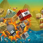 Bir patlamayla dağılan tahta ve taş bloklar, TNT kutuları ve deniz manzarası