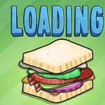 Yeşil arka plan üzerinde büyük mavi harflerle LOADING kelimesi ve altındaki bir sandviçin çizimi